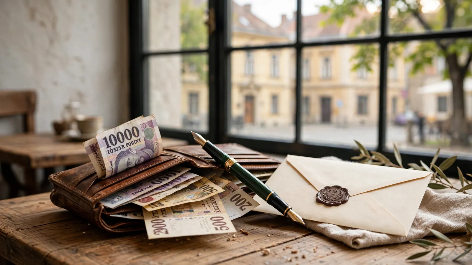 Bőr pénztárca és pecsétes boríték íróasztalon